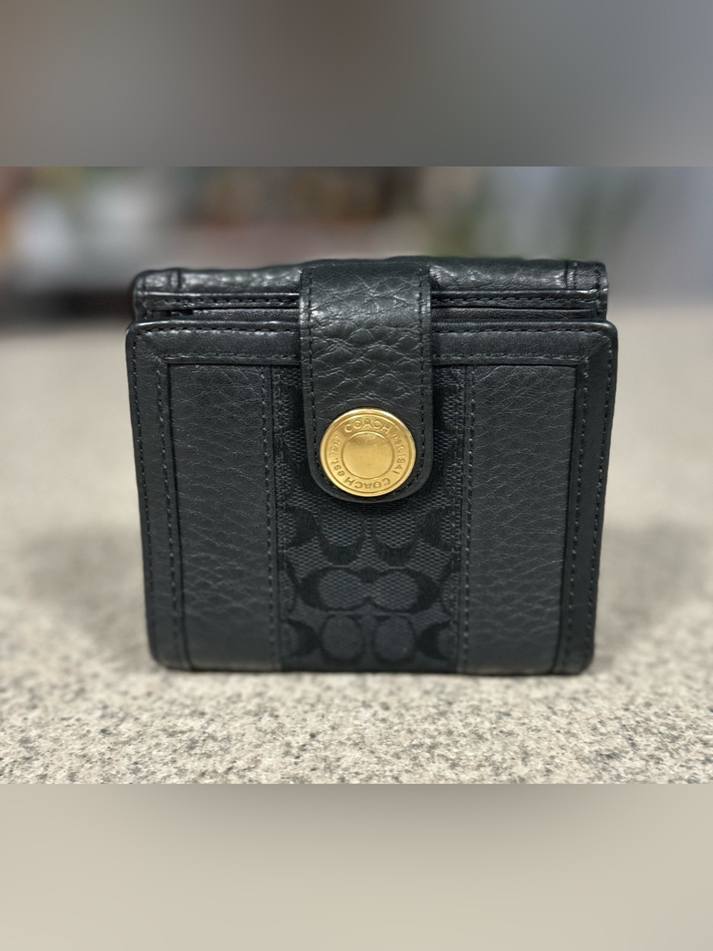 COACH Black Leather and Signature Bifold Buckle Snap Wallet